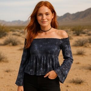 American Eagle Off-Shoulder Smocked Flowy Long Sleeve Top M